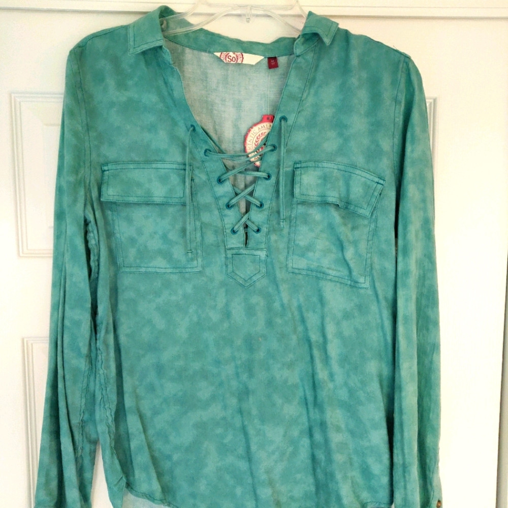 Teal lace up collared top